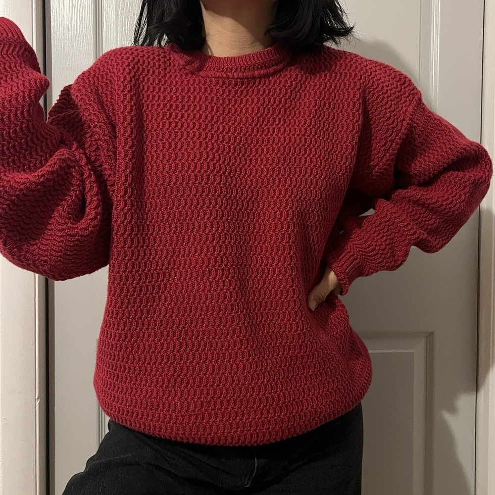 Vintage 90s Red Cotton Fisherman Knit Sweater Traditional Coastal Large - Picture 3 of 11
